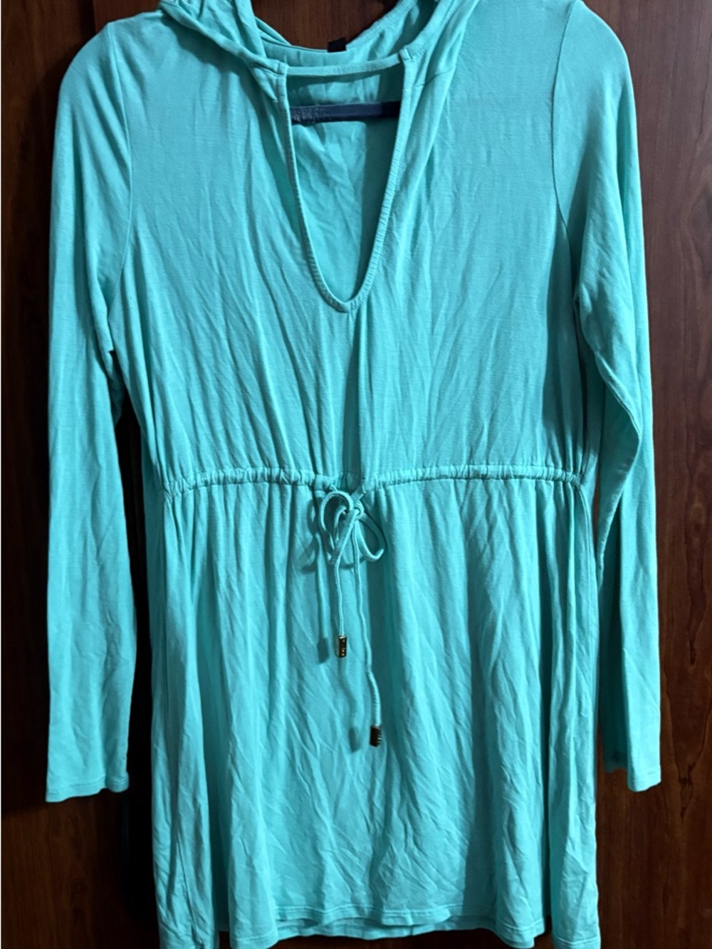 Trina Turk Teal Long-Sleeve Hooded Drawstring Tunic